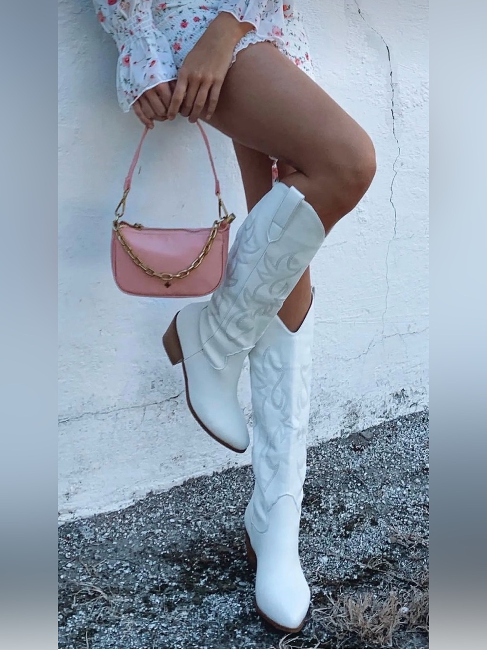 Billini White Embroidered Western Knee-High Heeled Boots